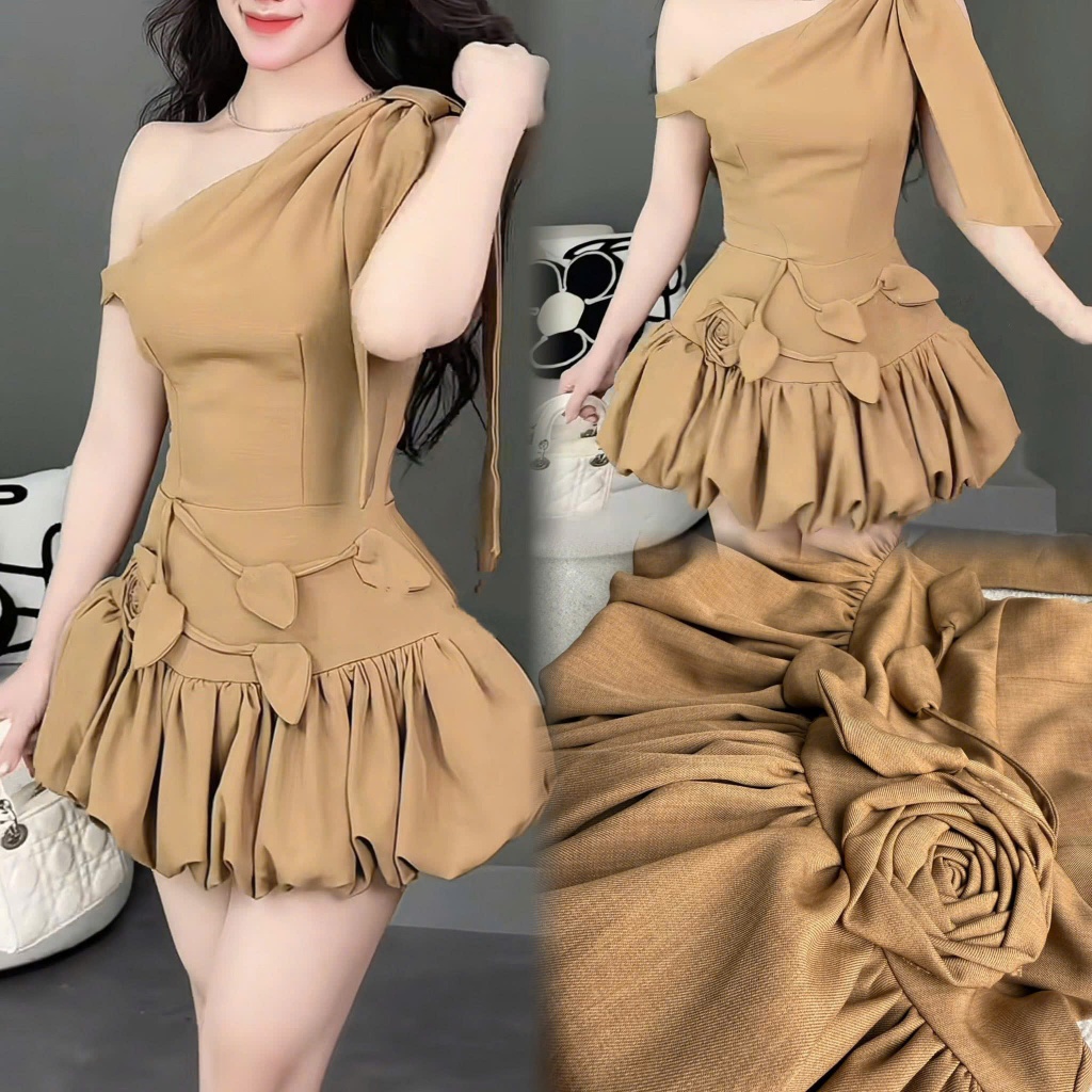 Đầm Nữ Lệch Vai Hoa Nổi 3D Chất Rubi Cao Cấp Váy Bí Xếp Ly Sang Trọng Dự Tiệc