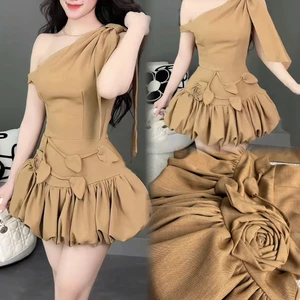 Đầm Nữ Lệch Vai Hoa Nổi 3D Chất Rubi Cao Cấp Váy Bí Xếp Ly Sang Trọng Dự Tiệc