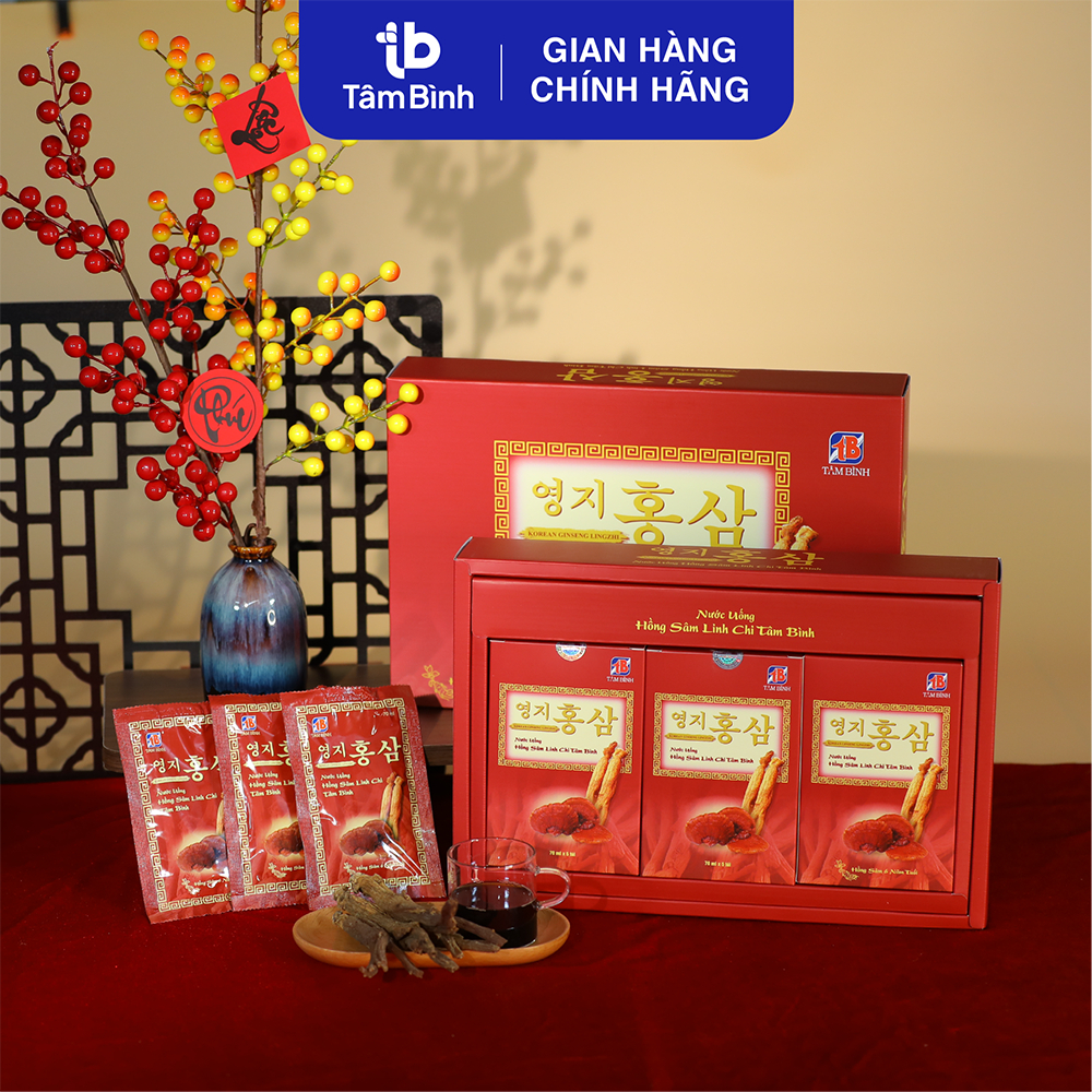 Hộp 15 gói Nước uống Hồng sâm Linh chi Tâm Bình - Dùng cho người cần hồi phục sức khỏe, người mới ốm dậy