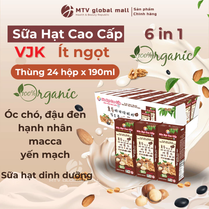 Sữa Hạt Cao Cấp 6 In 1 VJK Óc Chó Hạnh Nhân Macca Đậu Đen Yến Mạch Hộp 190ml Sữa Hạt Thuần Chay