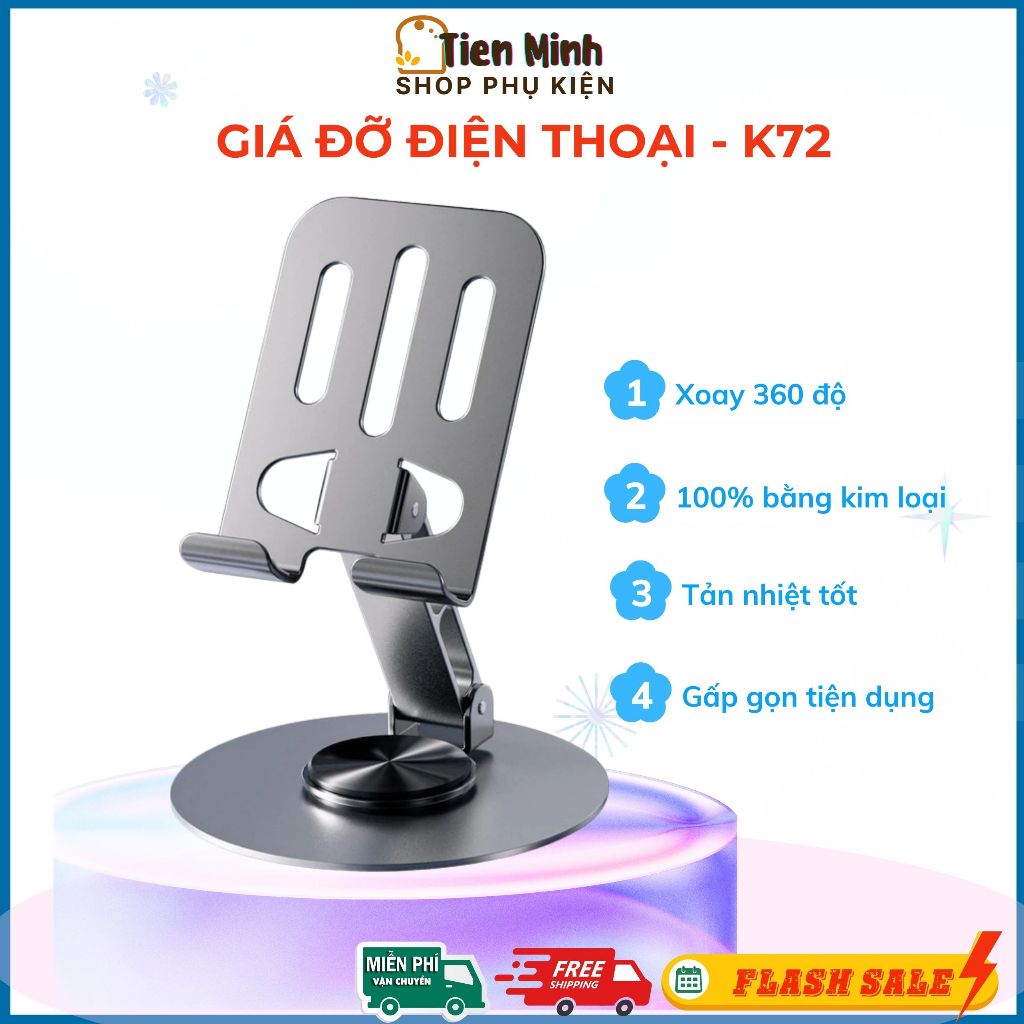 Giá Đỡ Điện Thoại K72, Kim Loại 100% Xoay 360 độ, Gấp Gọn Tiện Dụng