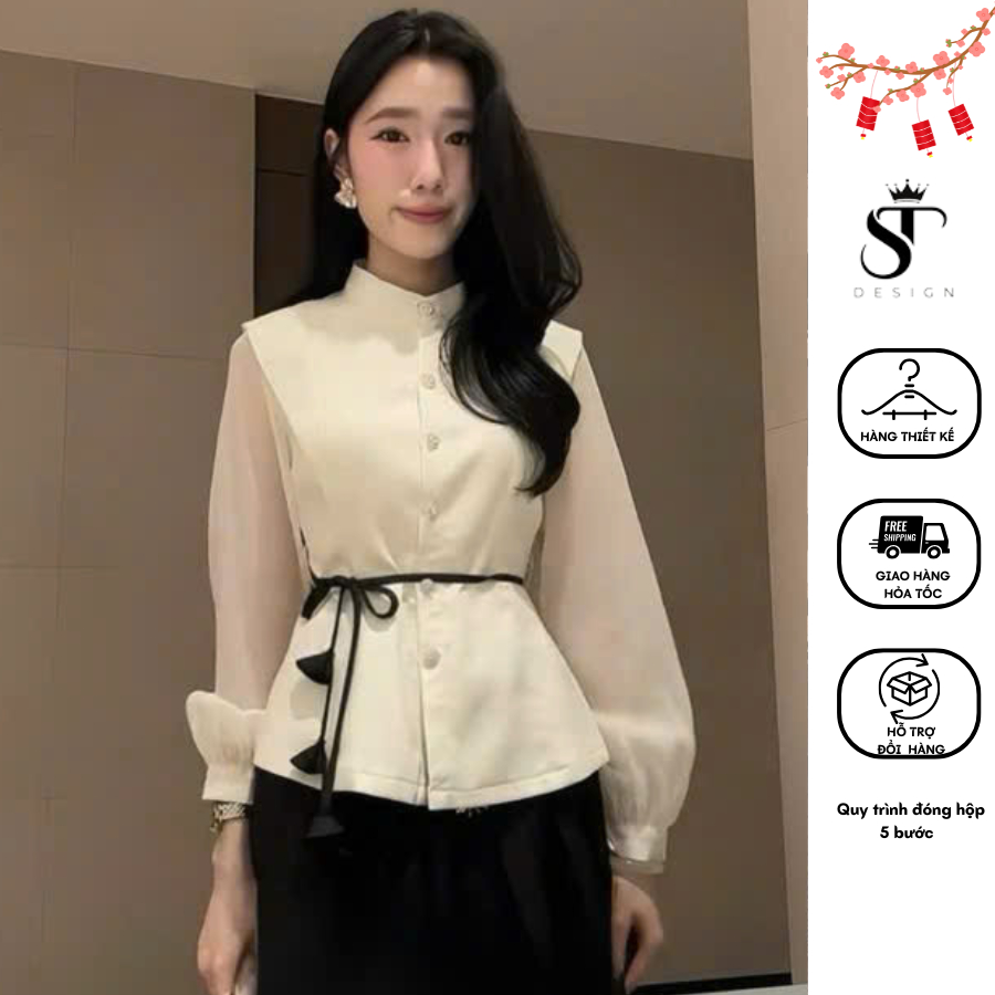 Áo Sơ Mi Nữ Chiết Eo Màu Be Thiết Kế Sang Trọng Tặng Dây Thắt Eo Phong Cách Hiện Đại - ST Design - 52
