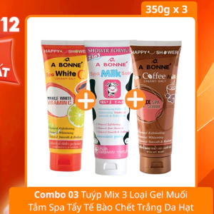 COMBO 03 Tuýp Mix 3 Loại Gel Muối Tắm Spa Tẩy Tế Bào Chết Trắng Da Hạt Siêu Mịn A Bonne' 350g x3