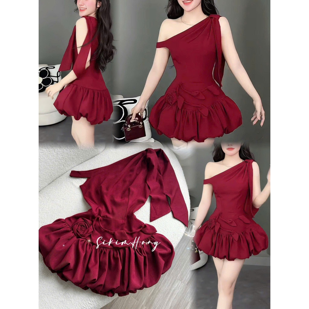 Đầm Nữ Lệch Vai Hoa Nổi 3D Chất Rubi Cao Cấp Váy Bí Xếp Ly Sang Trọng Dự Tiệc