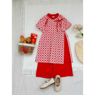Bộ áo dài bé gái Cotton Xuân Hoa tay phồng hoa nhí dễ thương – Áo dài suông cotton mềm + quần lụa mềm ống rộng
