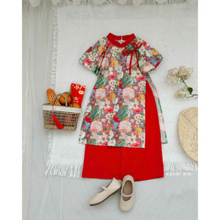 Bộ áo dài bé gái Cotton Xuân Hoa tay phồng hoa nhí dễ thương – Áo dài suông cotton mềm + quần lụa mềm ống rộng