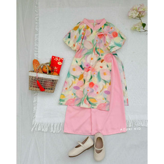 Bộ áo dài bé gái Cotton Xuân Hoa tay phồng hoa nhí dễ thương – Áo dài suông cotton mềm + quần lụa mềm ống rộng