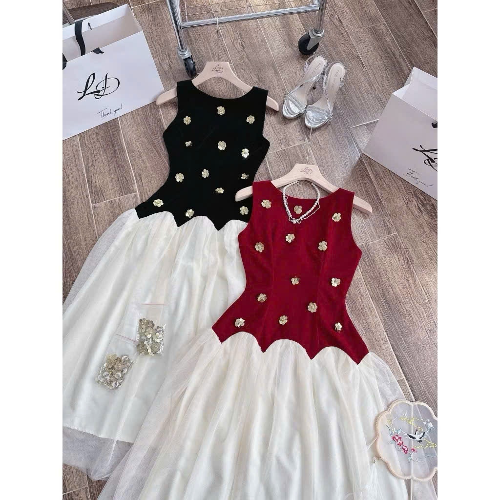 Đầm công chúa bé gái dáng xòe thân nhung thêm hạt kim sa lắp lánh bé đi chơi noel lễ tết, cho bé gái và mẹ từ 13-56kg