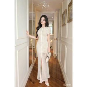 Đầm Nữ Len Ren Cao Cấp Dáng Dài Ôm Body Xẻ Trước Đính Hoa Sang Trọng