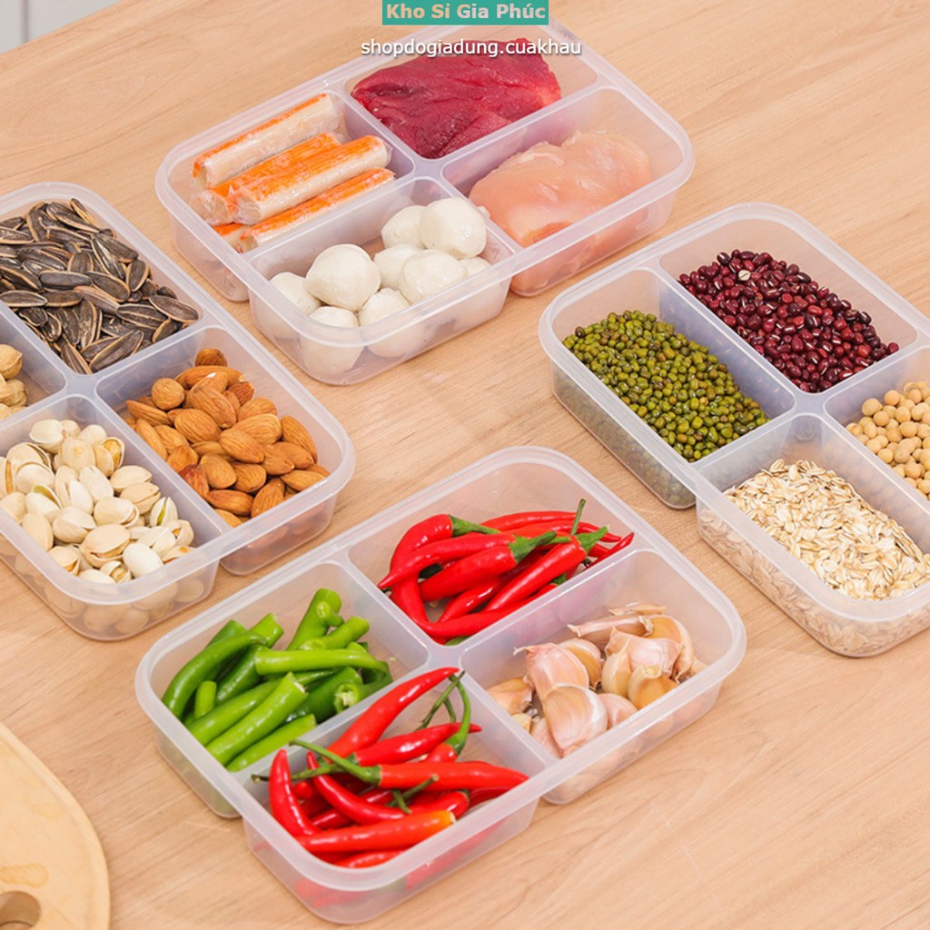 Hộp Nhựa 4 Ngăn Đựng Thực Phẩm - Khay Đựng Đồ Ăn Dặm Chia Ngăn Có Nắp Tiện Lợi- An Toàn Vệ Sinh
