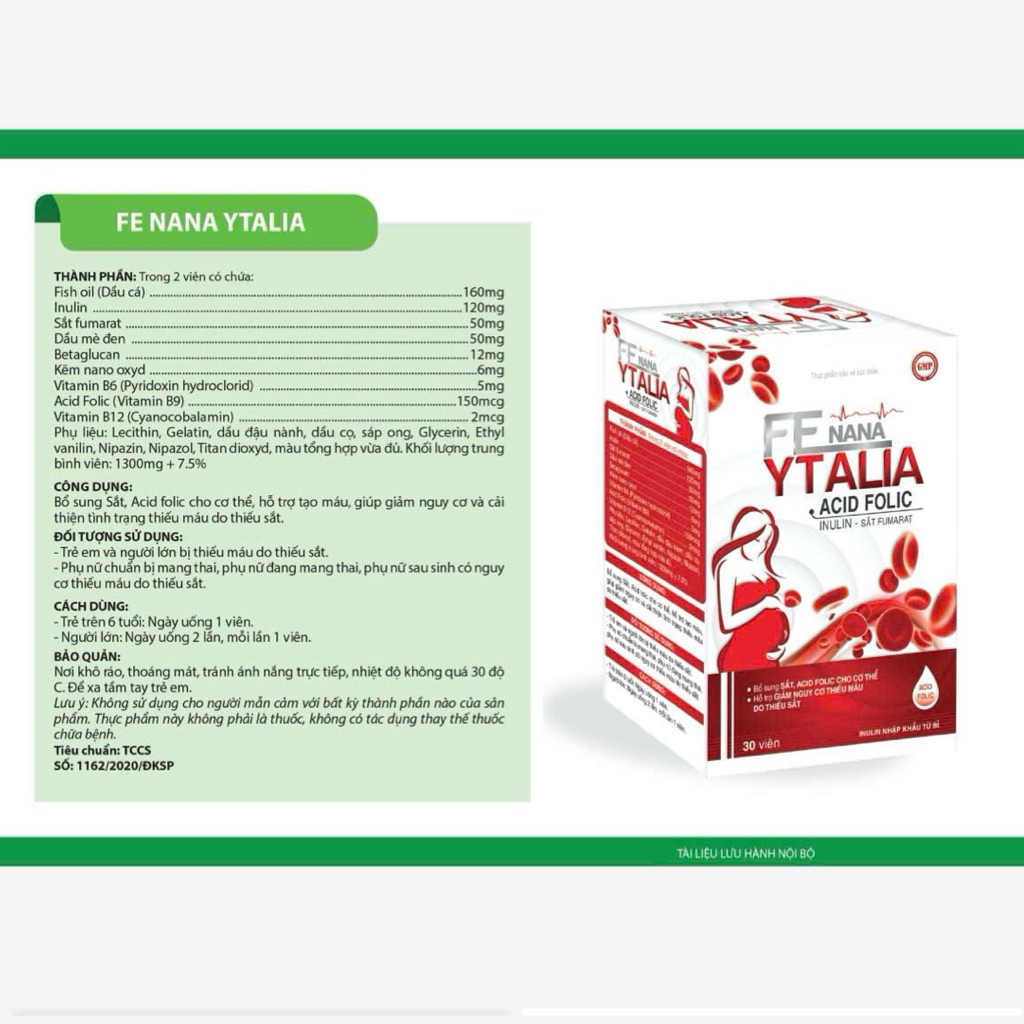 Viên uống Fe Nana Ytalia Acid Folic – Bổ sung Sắt & Acid Folic, Hỗ trợ giảm nguy cơ thiếu máu do thiếu sắt (Hộp 30 viên)