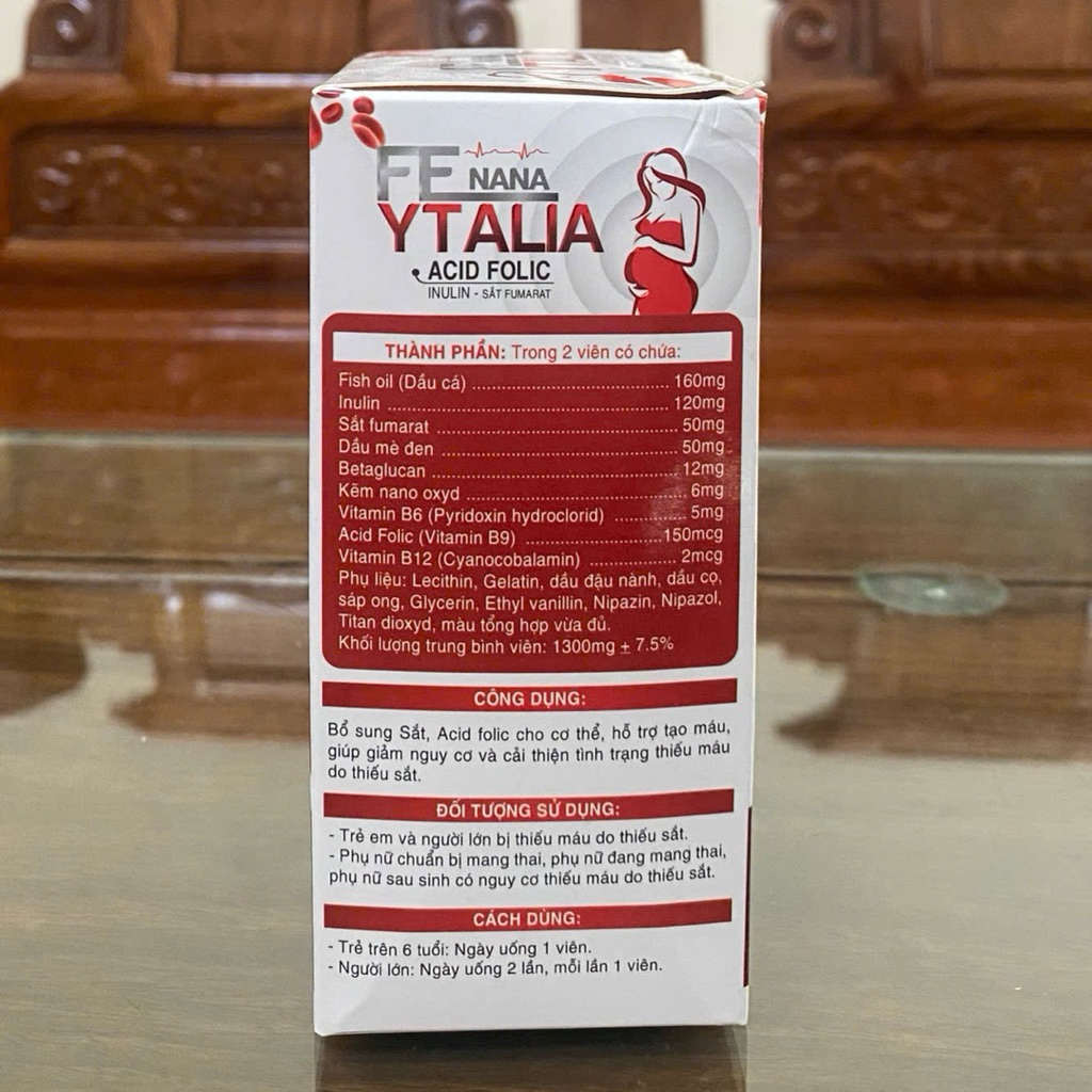 Viên uống Fe Nana Ytalia Acid Folic – Bổ sung Sắt & Acid Folic, Hỗ trợ giảm nguy cơ thiếu máu do thiếu sắt (Hộp 30 viên)