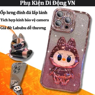 Ốp lưng iPhone lấp lánh kèm giá đỡ xoay Labubu và gương mini cho iPhone 12 13 14 15 16 17 Pro Max 17 Air