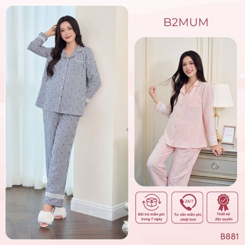 Bộ đồ dài tay mặc nhà, chất đũi mềm mại thấm hút mồ hôi tốt, form suông mặc thường và bầu - B881 B2MUM