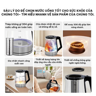 BH 24 Tháng/Ấm siêu tốc 2.2 lít,bình thủy tinh gồm lõi lọc trà bằng inox,1500W Đun Nước Nhanh Chóng, Tiết Kiệm Điện