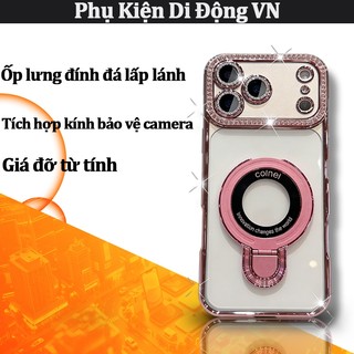 Ốp lưng iPhone đính đá lấp lánh, chống sốc, bảo vệ camera, giá đỡ gập, sạc từ tính cho 17 Air 16 15 14 13 12 11 Pro Max