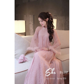 Áo Dài Ren Kim Sa Tay Lông Mix Quần Lụa
