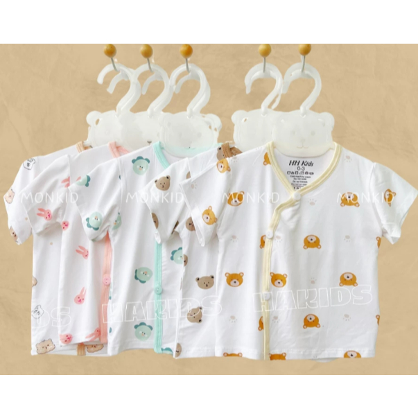 [Peinn] Combo 5 áo cộc sơ sinh trắng hoạ tiết, thiết kế cúc chéo, chất thun lạnh, mềm, mát, thấm hút mồ hôi