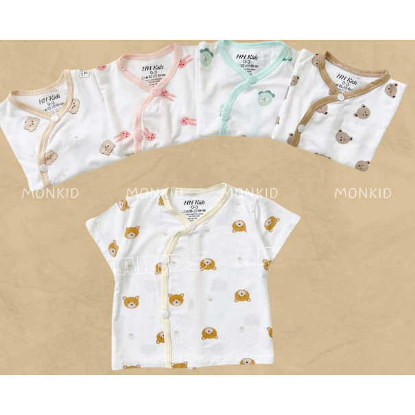 [Peinn] Combo 5 áo cộc sơ sinh trắng hoạ tiết, thiết kế cúc chéo, chất thun lạnh, mềm, mát, thấm hút mồ hôi