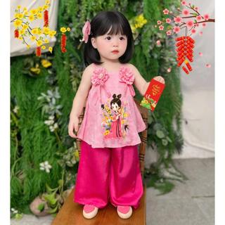Sét 2 Dây In Hình Cho Bé Gái Mặc Trung Thu Lễ Tết Chất Lụa Gấm, Bộ Gấm 2 Dây Bé Gái Mẫu Hot 2026 BB10  - BEEKIDS
