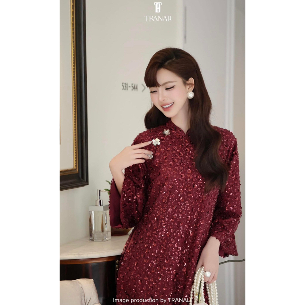 BỘ ÁO DÀI KIM SA HOA MAI,Top nữ women chuẩn mẫu