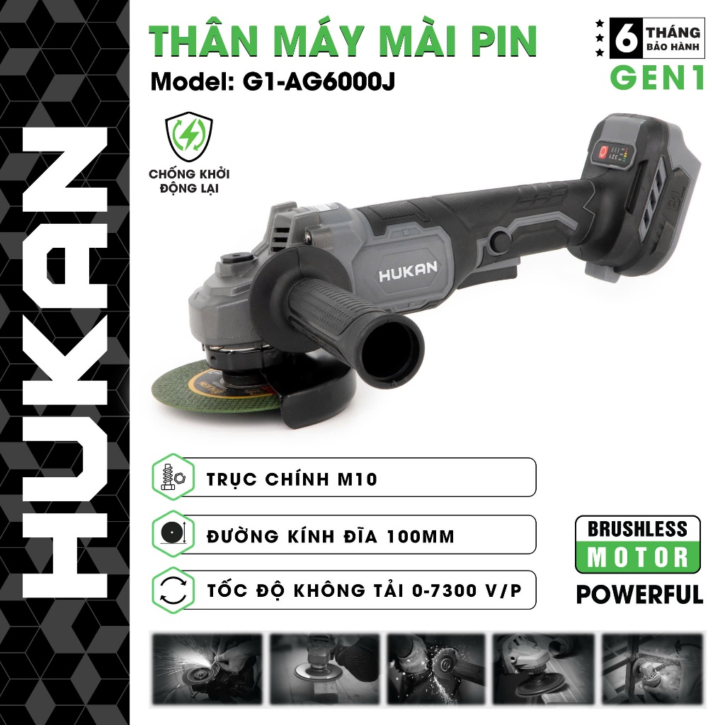 Máy Cắt Mài Pin HUKAN G1-AG6000J, 3 Tốc Độ, Chống Sốc Đá - Không Chổi Than - Chân Pin Phổ Thông