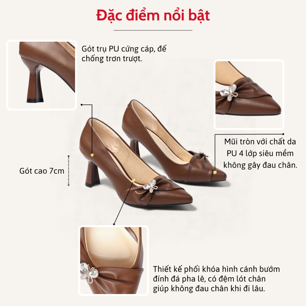 Giày Cao Gót Nữ 7cm Phối Khóa Cánh Bướm Đính Đá Pha Lê Pixie H425