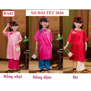 SET Áo dài cách tân cho bé gái chất lụa gấm vân nổi. [Kèm quần] Áo dài Tết bé gái in hình chất lụa mềm mại DA02 - BIATON