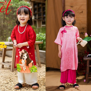 SET Áo dài cách tân cho bé gái chất lụa gấm vân nổi. [Kèm quần] Áo dài Tết bé gái in hình chất lụa mềm mại DA02 - BIATON