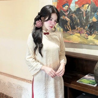 Áo dài cách tân dáng suông chất liệu gấm lụa Cẩm Yên 4 màu dành cho Tết họa tiết dệt nổi tết 2026