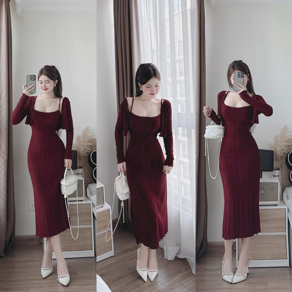 Set đồ nữ, đồ bộ nữ DONNA HCOM3648 áo khoác cardigan mix váy body tôn dáng tiểu thư