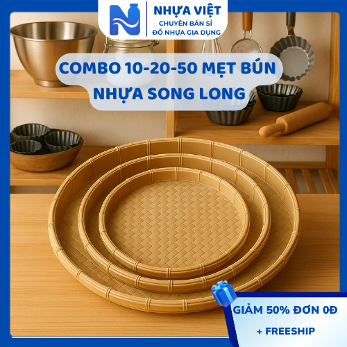 Combo 10-20-50 Mẹt Bún Nhựa Song Long | Nhựa PP An Toàn | Size Đại 42cm | Màu Kem | Dùng Quán Ăn, Nhà Hàng AMIZIN