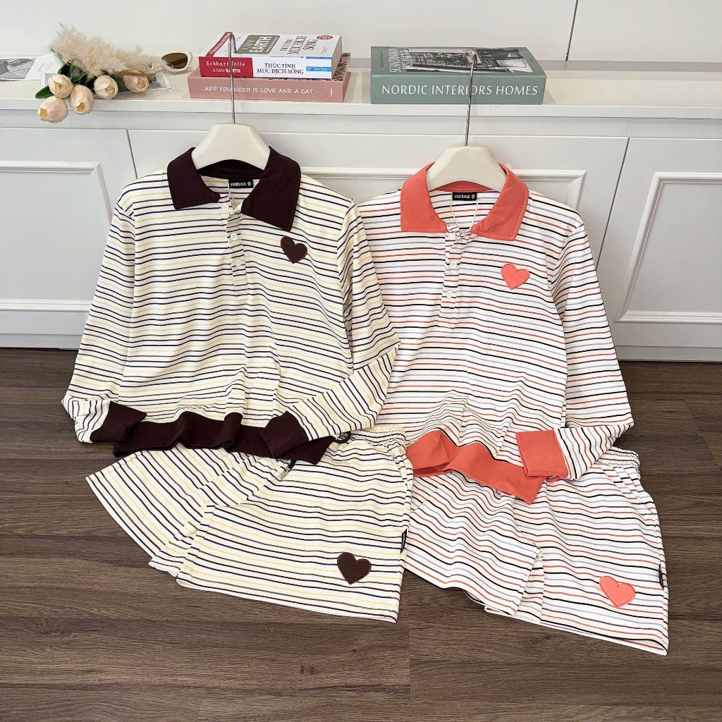 Set Quần Áo Mirage Viền Cổ Thêu Trái Tim Local Brand Chất Len Mềm Mịn.
