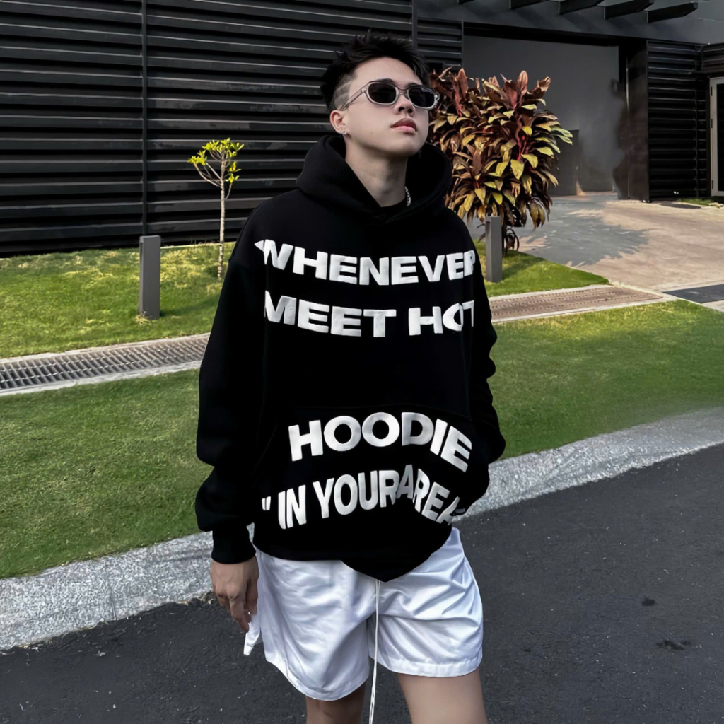 ÁO KHOÁC NỈ HOODIE NAM NỮ IN CHỮ NỔI WHENEVER VẢI NỈ DÀY TAY DÀI PHOM RỘNG HÀN QUỐC SSL
