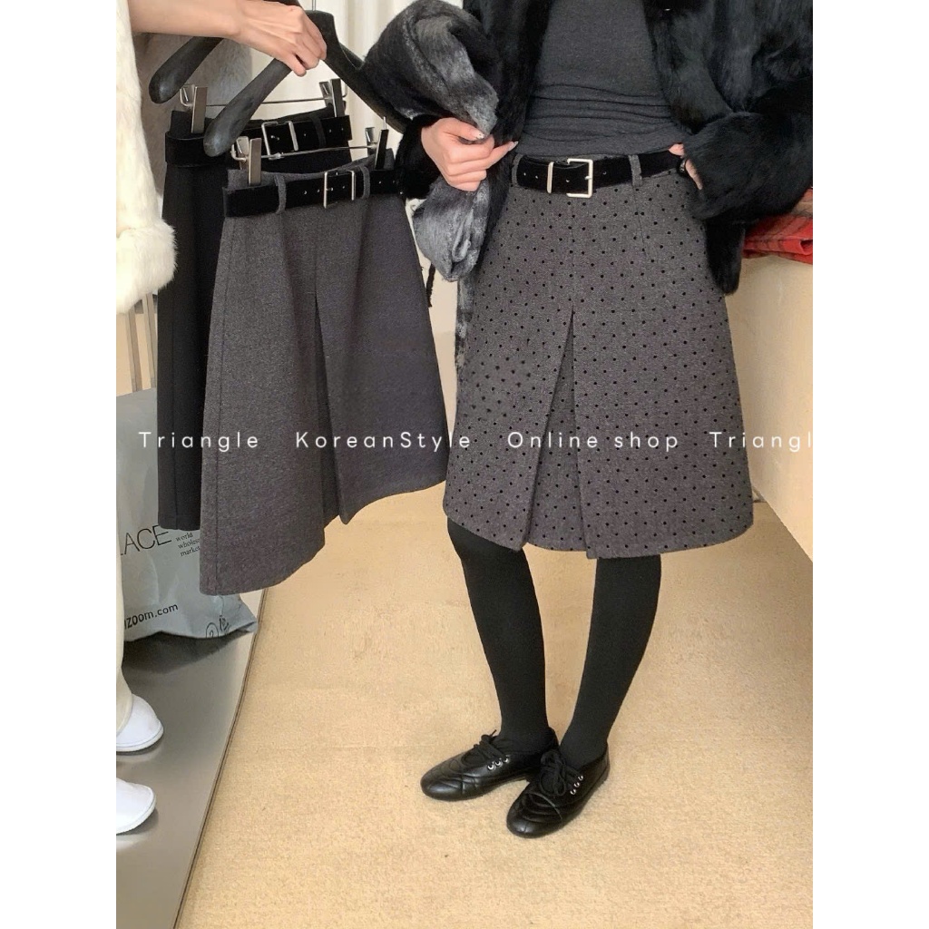 Triangle - Mid Skirt (Cân nhắc kỹ, returned is not welcomed)- Chân Váy Dạ Dáng Lửng Hàn Quốc Kèm Belt