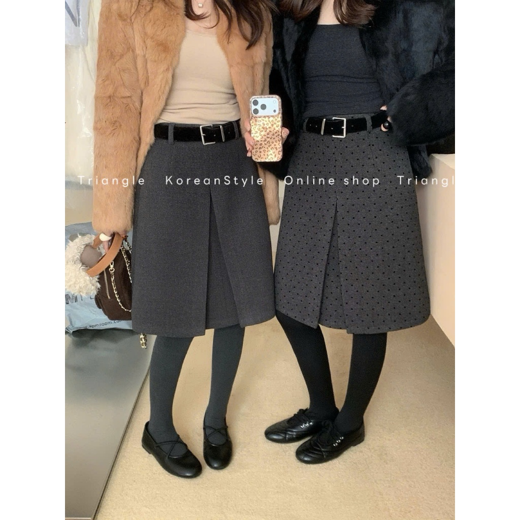 Triangle - Mid Skirt (Cân nhắc kỹ, returned is not welcomed)- Chân Váy Dạ Dáng Lửng Hàn Quốc Kèm Belt