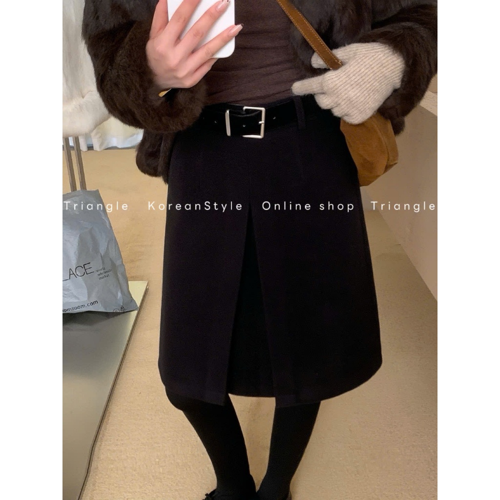 Triangle - Mid Skirt (Cân nhắc kỹ, returned is not welcomed)- Chân Váy Dạ Dáng Lửng Hàn Quốc Kèm Belt