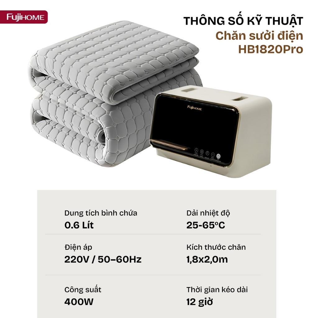 Chăn sưởi điện 1,8m x 2m dùng nước FUJIHOME HB1820PRO, mền 65 độC làm ấm điều khiển từ xa có hẹn giờ