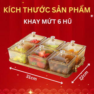 Khay đựng mứt 6 ô màu hổ phách cao cấp, hộp bánh kẹo Tết mới 2026 có nắp đậy chống bụi mẫu mới nhất