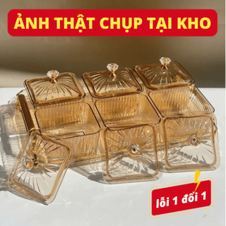 Khay đựng mứt 6 ô màu hổ phách cao cấp, hộp bánh kẹo Tết mới 2026 có nắp đậy chống bụi mẫu mới nhất