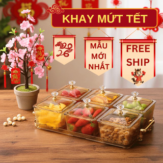 Khay đựng mứt 6 ô màu hổ phách cao cấp, hộp bánh kẹo Tết mới 2026 có nắp đậy chống bụi mẫu mới nhất