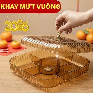 Khay đựng mứt 6 ô màu hổ phách cao cấp, hộp bánh kẹo Tết mới 2026 có nắp đậy chống bụi mẫu mới nhất