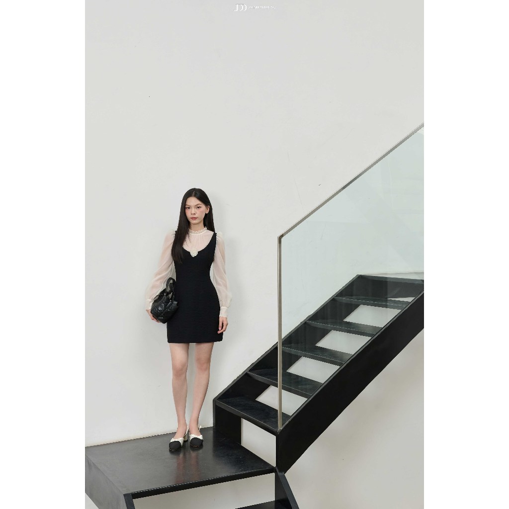 Đầm Cổ U Phối Tơ Nhún Cổ, Chân A 1F39.2510 Kết Hợp Sơ Mi Cổ Bèo Thiết Kế Layered Dress, Đầm Dự Tiệc Thanh Lịch By JM