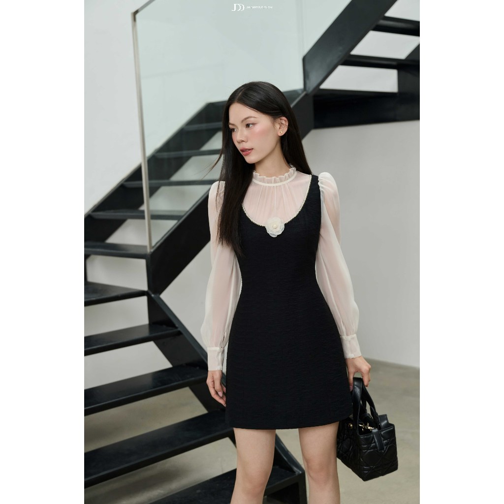 Đầm Cổ U Phối Tơ Nhún Cổ, Chân A 1F39.2510 Kết Hợp Sơ Mi Cổ Bèo Thiết Kế Layered Dress, Đầm Dự Tiệc Thanh Lịch By JM