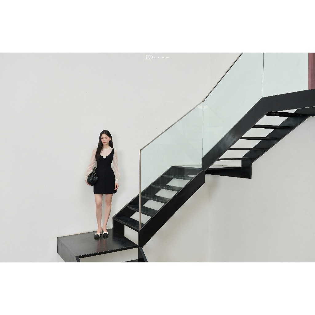 Đầm Cổ U Phối Tơ Nhún Cổ, Chân A 1F39.2510 Kết Hợp Sơ Mi Cổ Bèo Thiết Kế Layered Dress, Đầm Dự Tiệc Thanh Lịch By JM