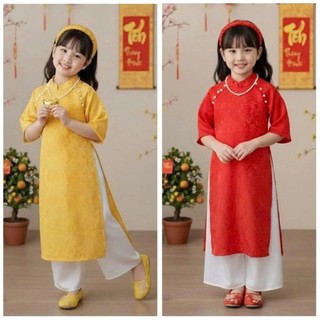 Áo dài bé gái size đại chất lụa gấm cao cấp mềm mịn, CẢ SET áo dài cách tân cho bé gái in hình dễ thương DA03 05- BIATON