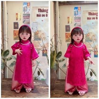 Áo dài bé gái size đại chất lụa gấm cao cấp mềm mịn, CẢ SET áo dài cách tân cho bé gái in hình dễ thương DA03 05- BIATON