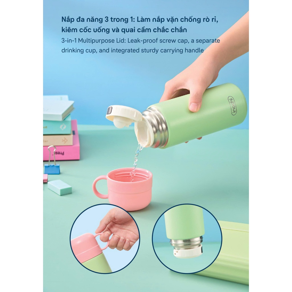[NEW] Bình Giữ Nhiệt Inochi FUJI JOLLY 450ml 4 lớp cách nhiệt, kết cấu 2 nắp thông minh đa năng