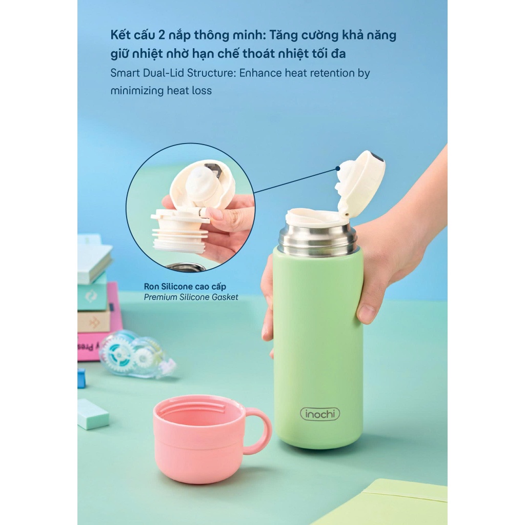 [NEW] Bình Giữ Nhiệt Inochi FUJI JOLLY 450ml 4 lớp cách nhiệt, kết cấu 2 nắp thông minh đa năng