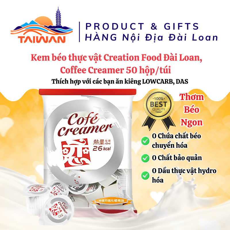 Kem sữa thực vật Creation Food Đài Loan, Coffee Creamer Thơm, Béo, Ngon, 50hộp/túi (1hộp/10ml)